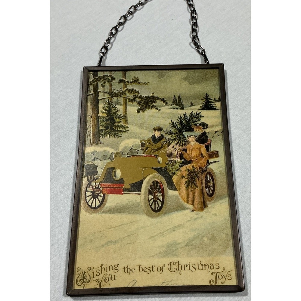 Antique 1906 Christmas Postcard Suncatcher Framed Glass Hanging Decor